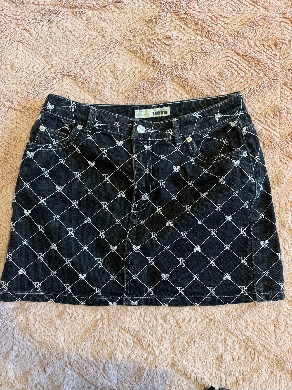 Topshop Moto Black Mini Skirt with White Monogram Lattice
